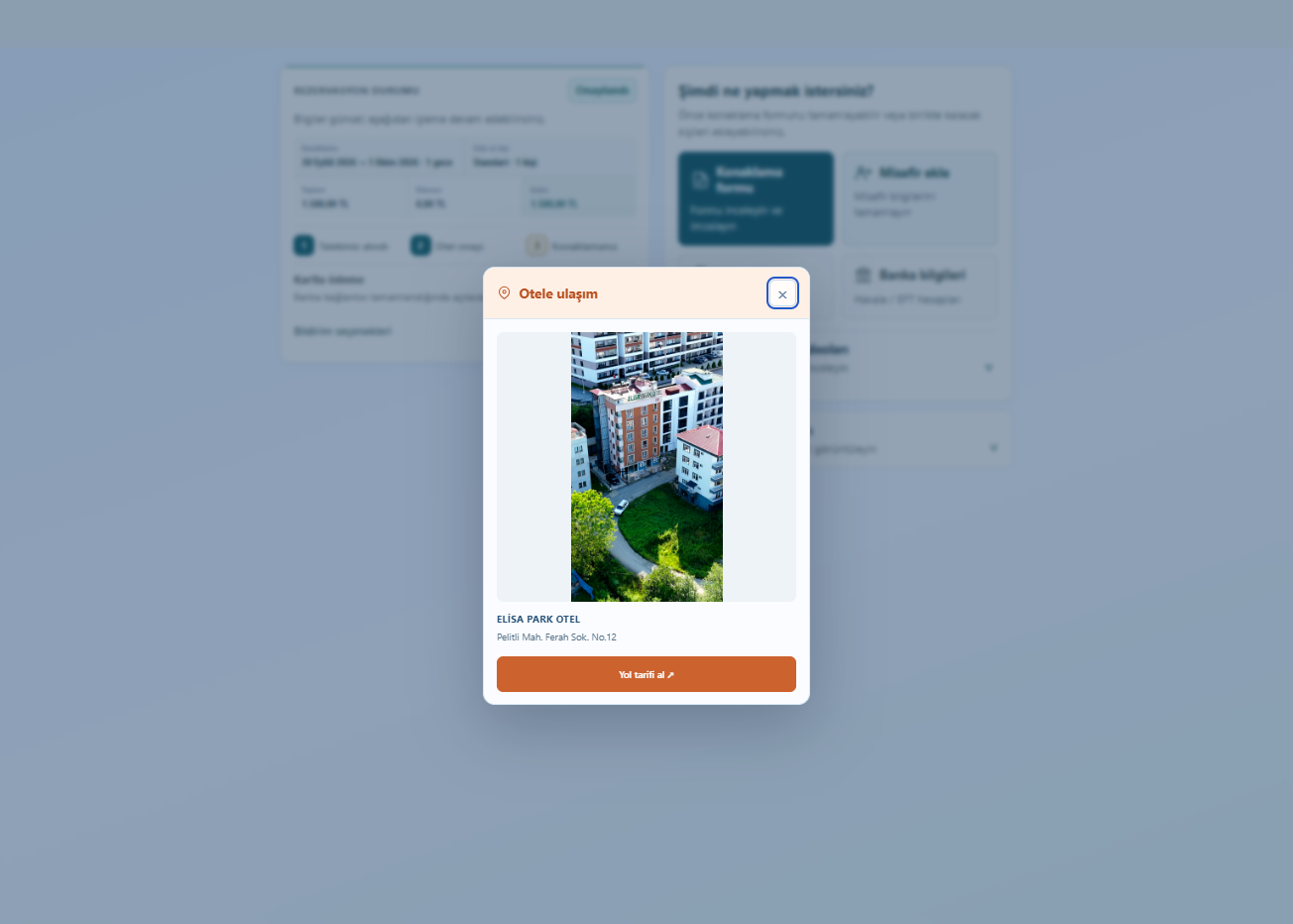 Otel konumu ve yol tarifi — test rezervasyonundan gerçek ekran