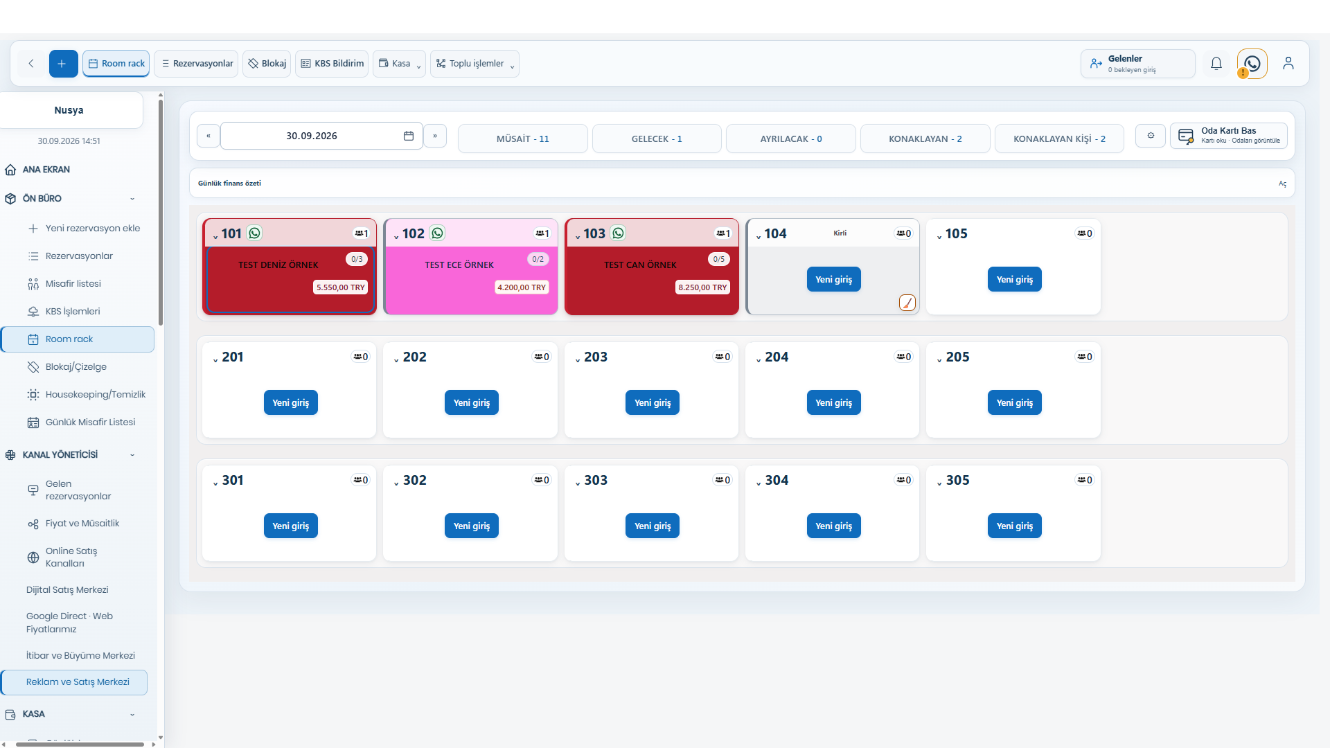 Oda panosu — demo hesabından gerçek ekran görüntüsü