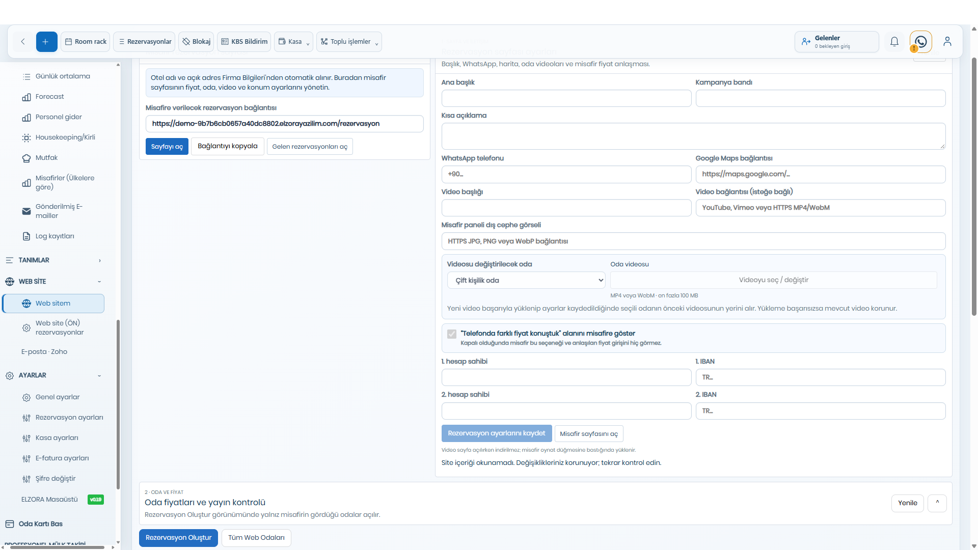 Web sitesi yönetimi — demo hesabından gerçek ekran görüntüsü